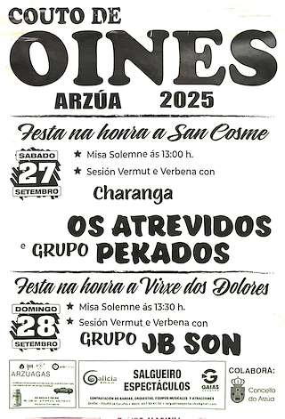Fechas, información, programa, cartel, imágenes, mapa y ubicación de Patronais de San Cosme de Oíns (2025)  en  Arzúa