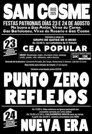 Fechas, información, programa, cartel, imágenes, mapa y ubicación de Patronales de San Cosme   en  O Irixo