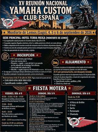 Fechas, información, programa, cartel, imágenes, mapa y ubicación de XV Reunión Nacional Yamaha Custom  (2026) en Monforte de Lemos