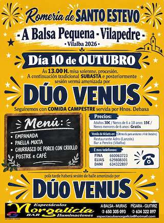 Fechas, información, programa, cartel, imágenes, mapa y ubicación de Romaría de San Estevo de Vilapedre  (2026)  en  Vilalba