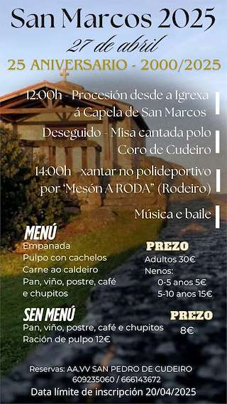Fechas, información, programa, cartel, imágenes, mapa y ubicación de Romaría de San Marcos de Cudeiro  en  Ourense