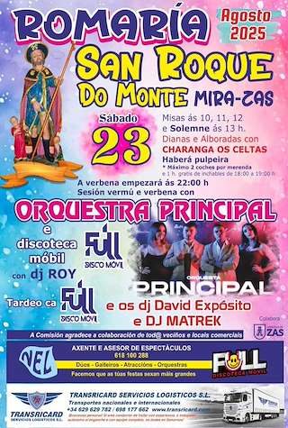 Fechas, información, programa, cartel, imágenes, mapa y ubicación de Romaría de San Roque do Monte  en  Zas