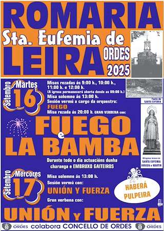 Fechas, información, programa, cartel, imágenes, mapa y ubicación de Romaría de Santa Eufemia de Leira  en  Ordes