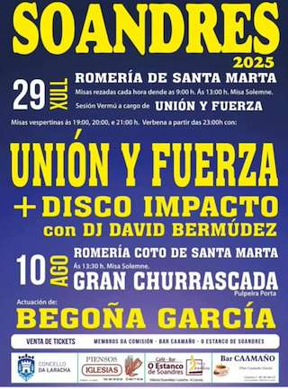 Fechas, información, programa, cartel, imágenes, mapa y ubicación de Romaría de Santa Marta de Soandres  en  A Laracha