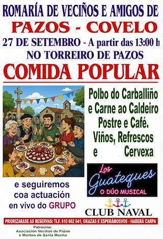 Fechas, información, programa, cartel, imágenes, mapa y ubicación de Romaría de Veciños e Amigos de Pazos - Comida Popular (2026) en Covelo