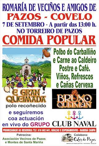Fechas, información, programa, cartel, imágenes, mapa y ubicación de Romaría de Veciños e Amigos de Pazos - Comida Popular  en  Covelo