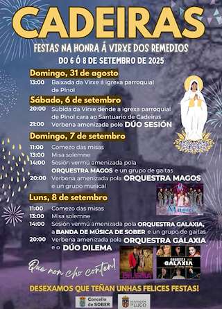 Fechas, información, programa, cartel, imágenes, mapa y ubicación de Romería de Cadeiras - Virxe dos Remedios  en  Sober