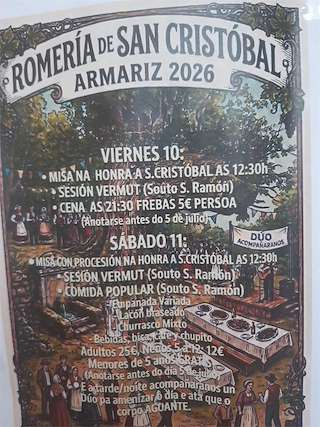 Fechas, información, programa, cartel, imágenes, mapa y ubicación de Romería de San Cristovo de Armariz (2026)  en  Nogueira de Ramuín