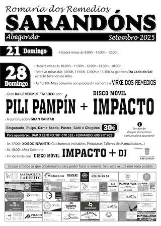 Fechas, información, programa, cartel, imágenes, mapa y ubicación de Romería dos Remedios de Sarandóns  en  Abegondo