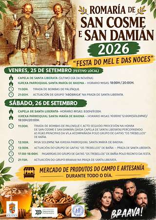 Fechas, información, programa, cartel, imágenes, mapa y ubicación de San Cosme e San Damián - Festa do Mel e das Noces (2026) en Baiona