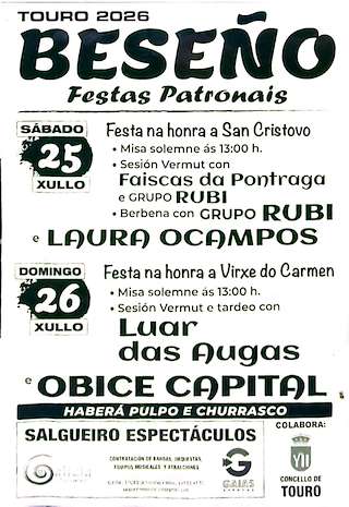 Fechas, información, programa, cartel, imágenes, mapa y ubicación de San Cristovo e Virxe do Carmen de Beseño (2026)  en  Touro