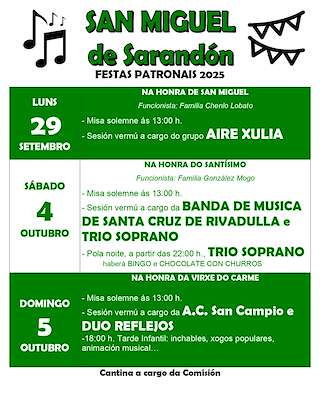 Fechas, información, programa, cartel, imágenes, mapa y ubicación de San Miguel, Santísimo e Virxe do Carme de Sarandón (2025)  en  Vedra