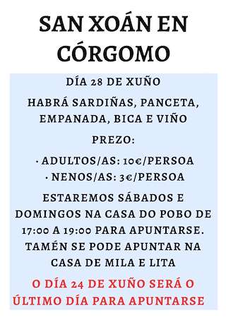 Fechas, información, programa, cartel, imágenes, mapa y ubicación de San Xoán de Córgomo  en  Vilamartín de Valdeorras
