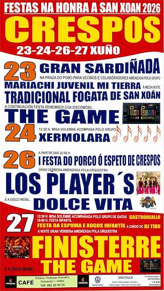 Fechas, información, programa, cartel, imágenes, mapa y ubicación de San Xoán de Crespos (2026) en Padrenda