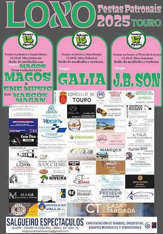 Fechas, información, programa, cartel, imágenes, mapa y ubicación de Santa María, San Roque e Virxe do Carme de Loxo  en  Touro