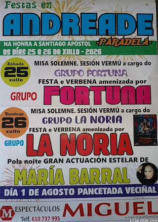 Fechas, información, programa, cartel, imágenes, mapa y ubicación de Santiago Apóstol de Andreade (2026)  en  Paradela