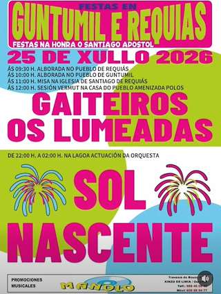 Fechas, información, programa, cartel, imágenes, mapa y ubicación de Santiago Apóstol de Guntumil e Requias (2026)  en  Muíños