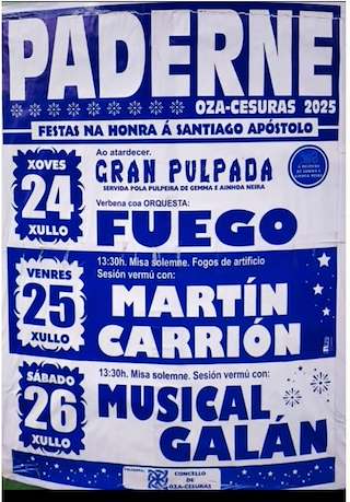 Fechas, información, programa, cartel, imágenes, mapa y ubicación de Santiago Apóstol de Paderne  en  Oza Cesuras