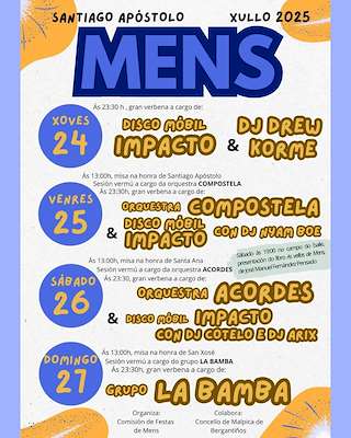 Fechas, información, programa, cartel, imágenes, mapa y ubicación de Santiago Apóstol, Santa Ana e San Xosé de Mens  en  Malpica de Bergantiños