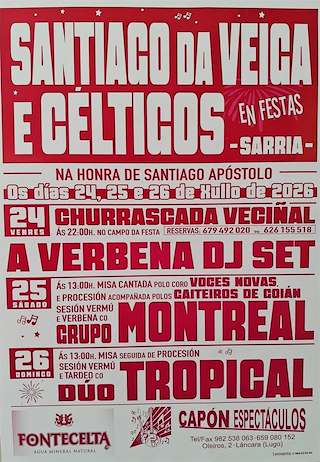 Fechas, información, programa, cartel, imágenes, mapa y ubicación de Santiago Apóstolo da Veiga y Céltigos (2026)  en  Sarria