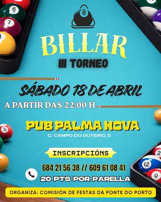 Fechas, información, programa, cartel, imágenes, mapa y ubicación de III Torneo de Billar de Ponte do Porto (2026) en Camariñas