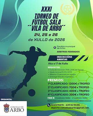 Fechas, información, programa, cartel, imágenes, mapa y ubicación de XXXI Torneo de Futbol Sala (2026)  en  Arbo