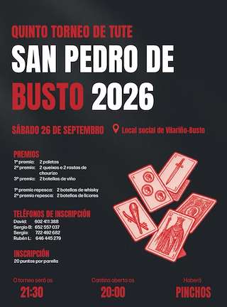 Fechas, información, programa, cartel, imágenes, mapa y ubicación de V Torneo de Tute de San Pedro de Busto (2026) en Santiago de Compostela
