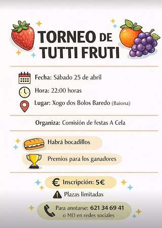 Fechas, información, programa, cartel, imágenes, mapa y ubicación de Torneto de Tutti Fruti de Baredo (2026)  en  Baiona