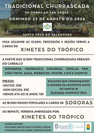 Fechas, información, programa, cartel, imágenes, mapa y ubicación de Tradicional Churrascada de San Roque (2026)  en  O Valadouro