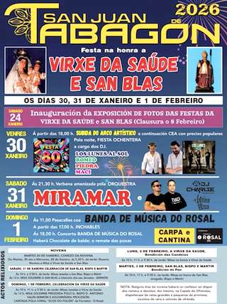 Fechas, información, programa, cartel, imágenes, mapa y ubicación de Virxe da Saúde e San Brais de San Xoán de Tabagón (2026)  en  O Rosal