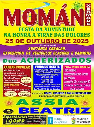 Fechas, información, programa, cartel, imágenes, mapa y ubicación de Virxe das Dolores e Festa da Xuventude de Momán (2025)  en  Xermade