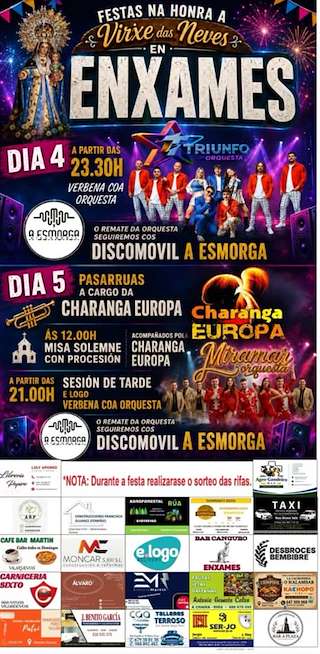 Fechas, información, programa, cartel, imágenes, mapa y ubicación de Virxe das Neves de Enxames (2026)  en  Vilardevós