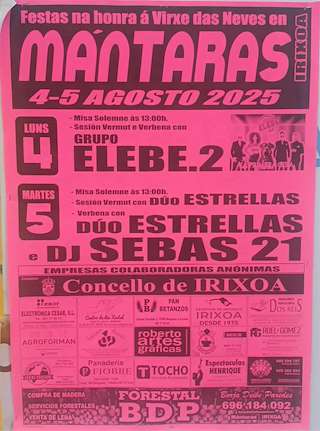 Fechas, información, programa, cartel, imágenes, mapa y ubicación de Virxe das Neves de Mántaras  en  Irixoa