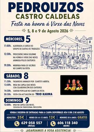 Fechas, información, programa, cartel, imágenes, mapa y ubicación de Virxe das Neves de Pedrouzos (2026)  en  O Castro de Caldelas