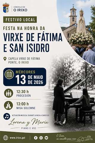 Fechas, información, programa, cartel, imágenes, mapa y ubicación de Virxe de Fátima e San Isidro  en  O Irixo