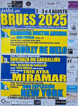 Fechas, información, programa, cartel, imágenes, mapa y ubicación de Virxe do Carme e San Roque de Brués  en  Boborás