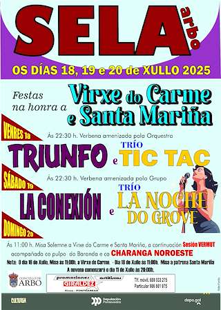 Fechas, información, programa, cartel, imágenes, mapa y ubicación de Virxe do Carme e Santa Mariña de Sela  en  Arbo