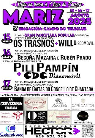 Fechas, información, programa, cartel, imágenes, mapa y ubicación de Virxe do Carmen de Mariz  (2026) en Chantada