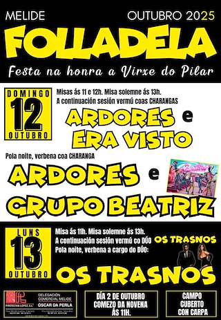 Fechas, información, programa, cartel, imágenes, mapa y ubicación de Virxe do Pilar de Folladela (2025)  en  Melide