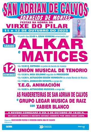 Fechas, información, programa, cartel, imágenes, mapa y ubicación de Virxe do Pilar de San Adrián de Calvos (2025)  en  Fornelos de Montes