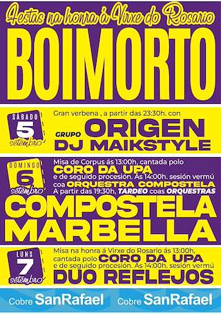 Fechas, información, programa, cartel, imágenes, mapa y ubicación de Virxe do Rosario (2026) en Boimorto
