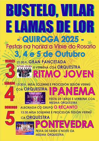 Fechas, información, programa, cartel, imágenes, mapa y ubicación de Virxe do Rosario de Bustelo, Lamas y Vilar de Lor  (2025)  en  Quiroga