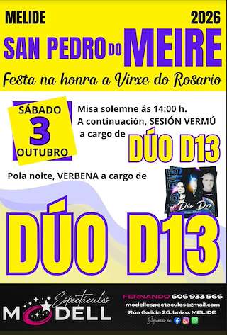 Fechas, información, programa, cartel, imágenes, mapa y ubicación de Virxe do Rosario de San Pedro do Meire (2026)  en  Melide