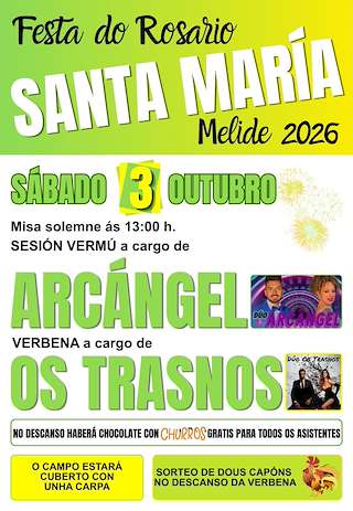 Fechas, información, programa, cartel, imágenes, mapa y ubicación de Virxe do Rosario de Santa María (2026)  en  Melide