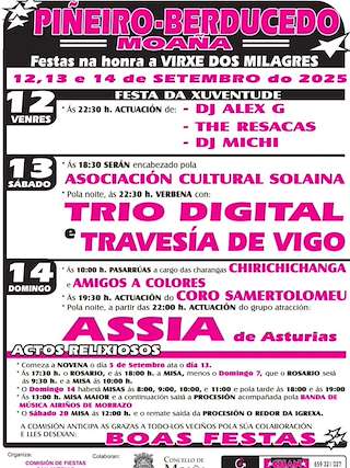 Fechas, información, programa, cartel, imágenes, mapa y ubicación de Virxe dos Milagres de Berducedo  en  Moaña