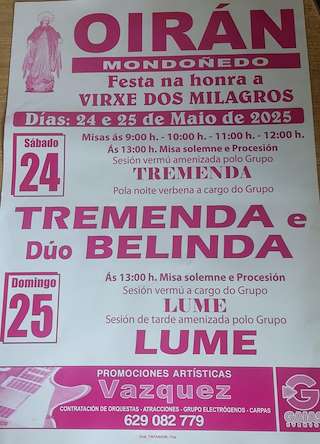Fechas, información, programa, cartel, imágenes, mapa y ubicación de Virxe dos Milagros de Oirán  en  Mondoñedo