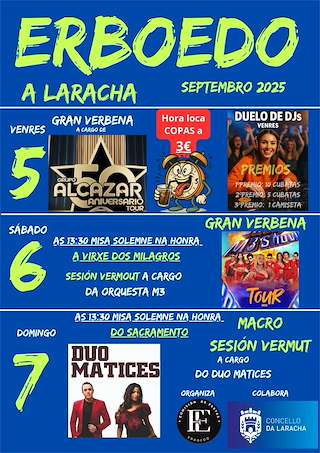 Fechas, información, programa, cartel, imágenes, mapa y ubicación de Virxe dos Milagros e O Santísimo de Erboedo  en  A Laracha