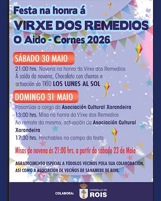 Fechas, información, programa, cartel, imágenes, mapa y ubicación de Virxe dos Remedios de Aido y Cornes (2026)  en  Rois