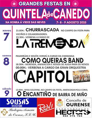 Fechas, información, programa, cartel, imágenes, mapa y ubicación de Virxen das Neves de Quintela de Canedo  en  Ourense