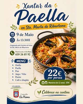 Fechas, información, programa, cartel, imágenes, mapa y ubicación de Xantar da Paella de Ribarteme (2026)  en  As Neves